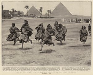 エジプトのイギリス人、ギゼンの平原でのアラブの子供たちのためのスポーツ